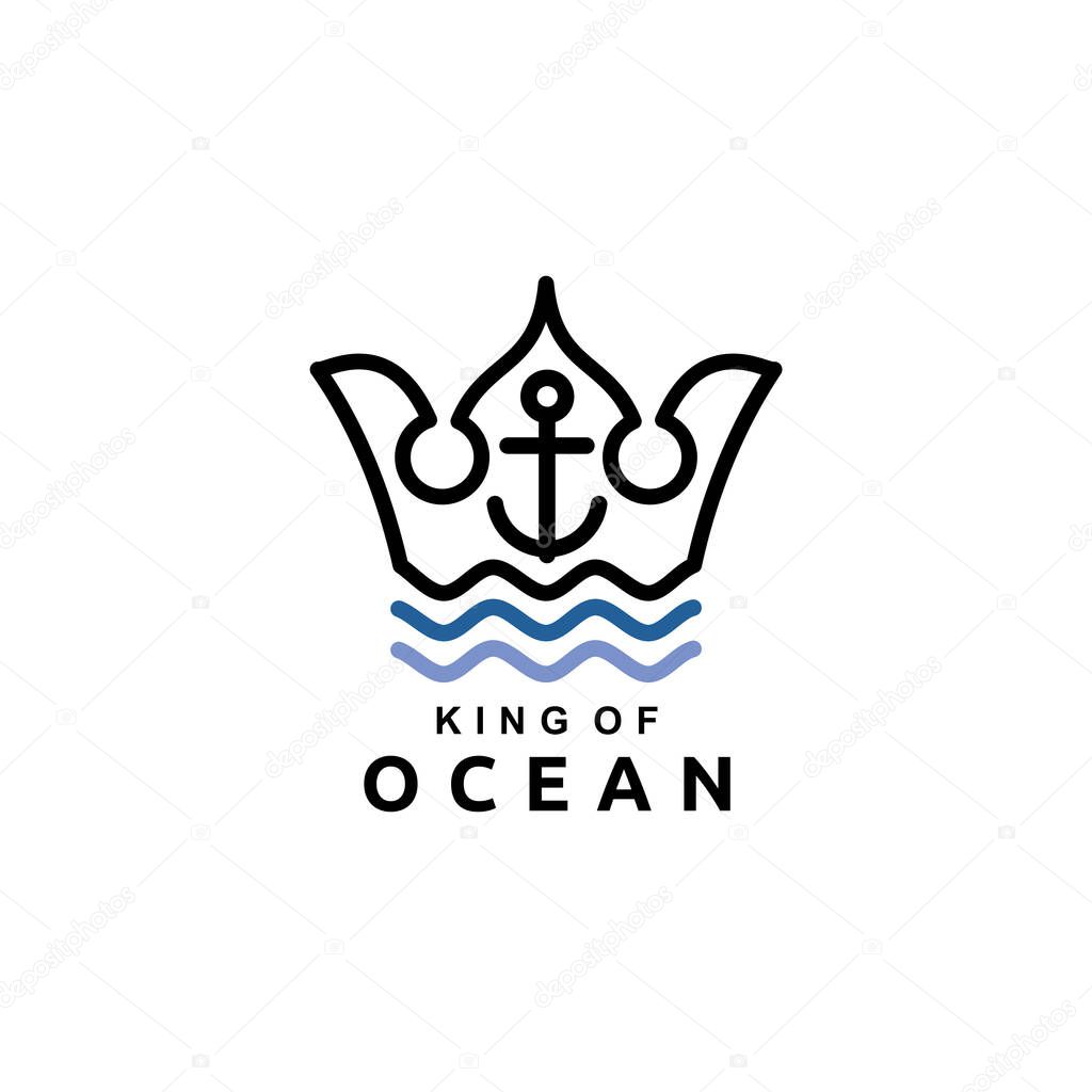King of ocean crown anchor with ocean wave logo design vector