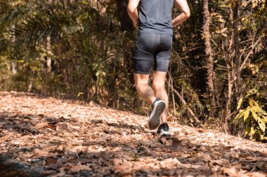 Sporcu maratonu, ormanda koşan bir yarışa hazırlanıyor, orman toprak yolunda dışarıda egzersiz yapıyor. Sporcuların dayanıklılık koşusu. Sağlıklı bir yaşam tarzı. Sporcu koşucu.