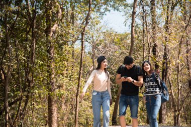 Multi-ethnicity group of young friends backpack traveling using technology smartphone finding map pointing direction, Caucasian and Asian tourist enjoy hiking ,walking, exploring in forest on vacation