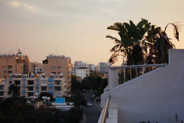 Larnaka, Kıbrıs 3 Ocak 2022: Günbatımında modern binalar ve palmiye ağaçları ile panoramik bir kıyı kenti manzarası. Kentsel ufuk çizgisi, kıyı kenti, günbatımı, modern mimari, deniz kenarında yaşam