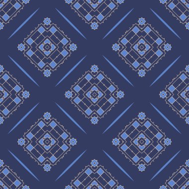 Mavi arka planda kusursuz süs deseni. Soyut doku tasarımları arka planlar, motifler, tekstil, duvar kağıtları, kumaşlar, hediye ambalajları, şablonlar için kullanılabilir. Vektör
