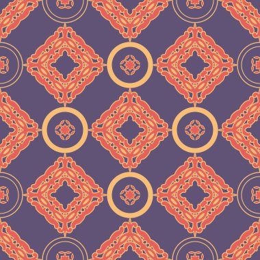 Dekoratif Asyalı halk figürleri. Göçebe tarzında arka plan tekrarlanıyor. Yüzey dizaynlı renkli kumaş örnekleri, duvar kağıdı, kumaş, hediye paketi, şablonlar. Vektör.