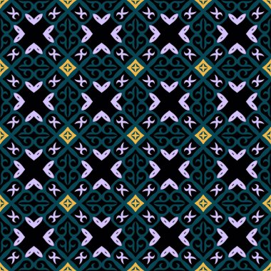 Etnik unsurlarla kusursuz bir düzen. Kırgız ve Kazak süslemeleri. Doku tasarımları arka planlar, motifler, tekstil, duvar kağıtları, kumaşlar, hediye ambalajları, şablonlar, halı, fayanslar için kullanılabilir. Vektör.