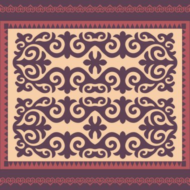 Tasarımın için şablon. Kazak, Kırgız, Özbek 'in süs eşyaları ve motifleri, ambalaj, kutular, pankart ve baskı tasarımı için ulusal Asya dekoru. Vektör. Halı. Göçebe stili.