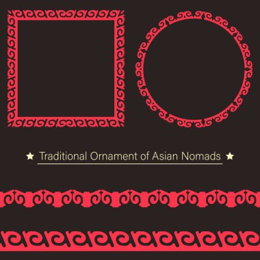 Geleneksel Asyalı göçebeler süsüsüyle 2 adet kusursuz sınır ve 2 adet çerçeve. Sınırlar, tekstil, plaka, fayans ve baskı tasarımı için ulusal Asya dekoru. 