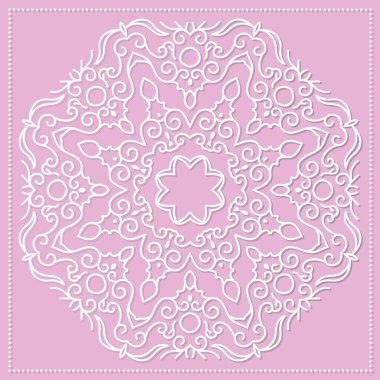 Mandala, dantel kâğıt altlık, kabartmalı desen, 3 boyutlu, yuvarlak element. Kağıt kesim tasarımı, lazer kesim şablonu. Kenarlı eski dantel altlık. Tasarımın için çiçekli yuvarlak peçete..