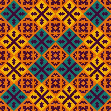 Etnik unsurlu kusursuz renkli desen. Doku tasarımları arka planlar, motifler, tekstil, duvar kağıtları, kumaşlar, hediye ambalajları, şablonlar, halı, fayanslar için kullanılabilir. Vektör.