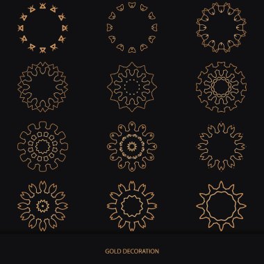 Set of 4 Luxury ornamental element design and frame gold color on black background. Design template for wallpaper. Isolated ornament. Vector Illustration.	