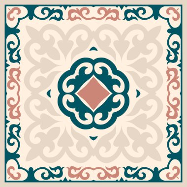 Tasarımınız için kare şablon. Kazak, Kırgız, Özbek 'in süs eşyaları ve motifleri, ambalaj, kutular, pankart ve baskı tasarımı için ulusal Asya dekoru. Vektör. Göçebe stili.