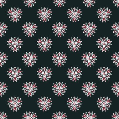Kusursuz tekrarlanabilir soyut çiçek deseni. Dekoratif çiçekli, retro tarzı kusursuz vektör deseni. Karanlık bir arka planda çiçekli desen. Vektör illüstrasyonu.
