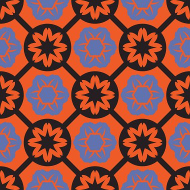 Turuncu ve siyah renkli mandalalarla kusursuz desen. Siyah ve turuncu arkaplandaki soyut çiçek elementlerinden yapılmış kusursuz desenli..