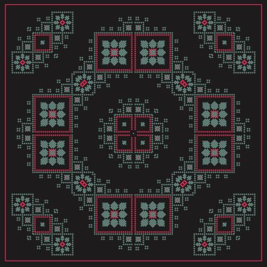 Rus ve Ukrayna tarzında kare vektör deseni. Süs. Dekoratif unsurlarla donatılmış. Etnik, halk, geleneksel motifler. Duvar kağıdı, tekstil, ambalaj, kumaş, tekstil, fayans, fular için kullanılabilir..