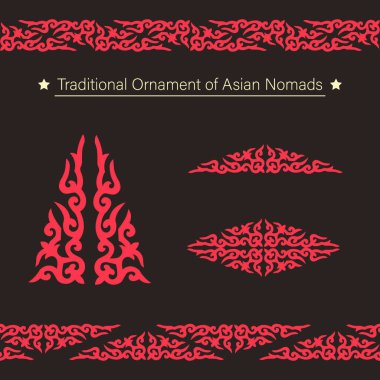 Set of 2 seamless border and 3 elements with motifs of Kazakh, Kyrgyz, Tatar, national Asian decor for borders, textile, plate, tile, and print design. Workpiece for your design.	