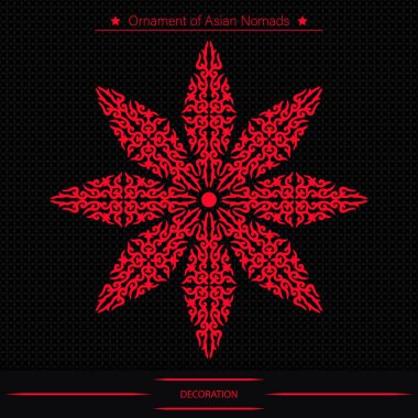 Siyah arka planda çember şeklinde mandala, tasarımın için atölye çalışması. Kazak, Kırgız, Özbek, yuvarlak plaka, tekstil ve baskı tasarımı için Asyalı dekoratif unsurları ve motifleri.