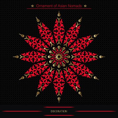 Siyah arka planda çember şeklinde mandala, tasarımın için atölye çalışması. Kazak, Kırgız, Özbek, yuvarlak plaka, tekstil ve baskı tasarımı için Asyalı dekoratif unsurları ve motifleri.