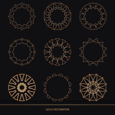 Set 9 of Luxury ornamental element design gold color on black background. Design template for wallpaper. Isolated ornament. Vector Illustration.	