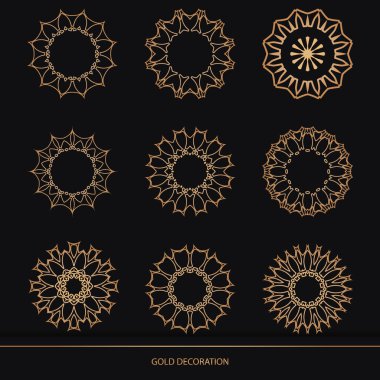 Set 9 of Luxury ornamental element design gold color on black background. Design template for wallpaper. Isolated ornament. Vector Illustration.	