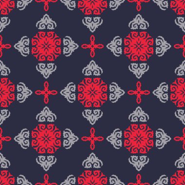 Dekoratif Asyalı halk figürleri. Göçebe tarzında arka plan tekrarlanıyor. Yüzey dizaynlı renkli kumaş örnekleri, duvar kağıdı, kumaş, hediye paketi, şablonlar. Vektör.