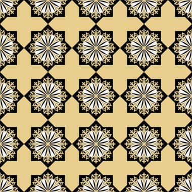 Dekoratif Asyalı halk figürleri. Göçebe tarzında arka plan tekrarlanıyor. Yüzey dizaynlı renkli kumaş örnekleri, duvar kağıdı, kumaş, hediye paketi, şablonlar. Vektör.