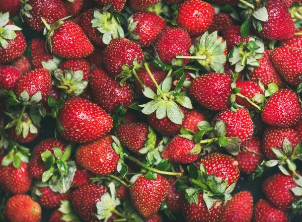 Fresh Strawberry Texture Wallpaper Background Flat Lay Wet Strawberries Leaves Stock Photo