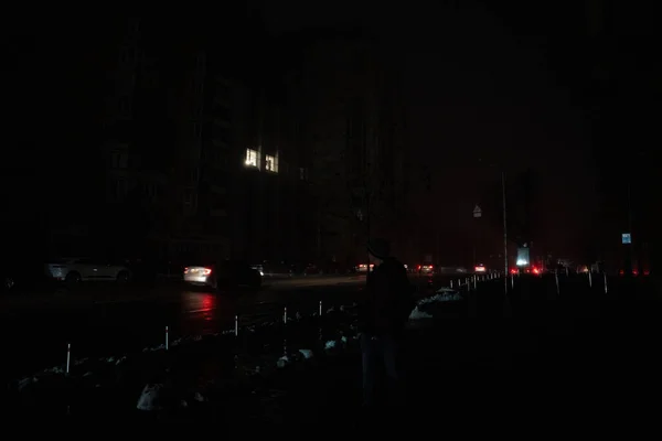 Kiev Stad Blackout Efter Rysk Missilattack Stad Utan Och — Stockfoto