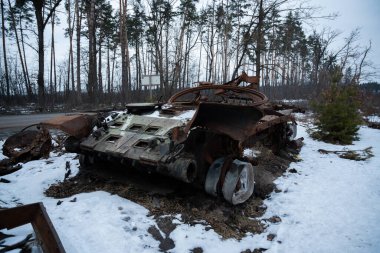 Destroyed tank in Ukraine in winter