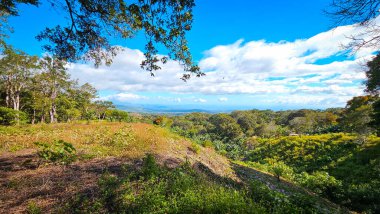Yeşillik, mavi gökyüzü ve bulutlarla bezenmiş panoramik tropik dağ manzarası. Seyahat, doğa, eko-turizm ve çevre projeleri için ideal. Boquete Panama.
