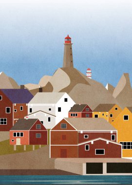 Norveç 'te bir sahilde kayaların üzerinde bir deniz feneri.