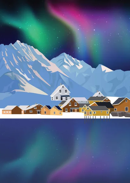 Winter Landscape Norway Snow Colorful Houses Northern Lights — Stock Photo, Image