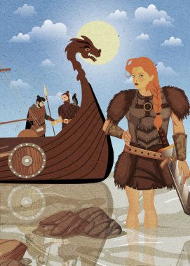 Viking savaşçıları bir gemiden sahile iniyorlar.