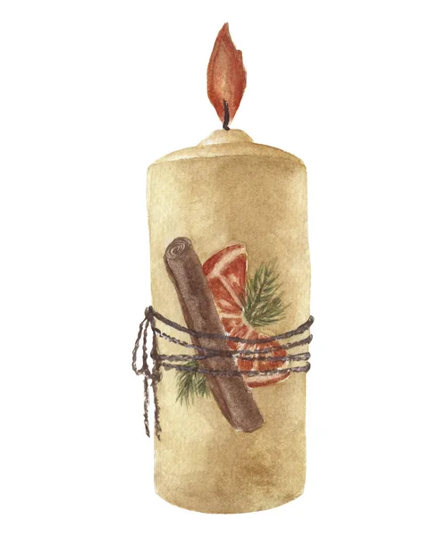 Christmas Candle Cinnamon Dried Orange Fir Branch Decor Atmospheric Holiday — Stock Photo, Image