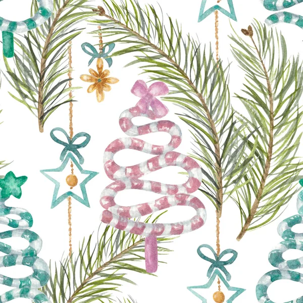 松の枝と光沢のあるクリスマスの装飾とクリスマスツリーキャラメルキャンディー バナー はがきまたは包装紙のためのお菓子や装飾品の冬の水彩パターン — ストック写真