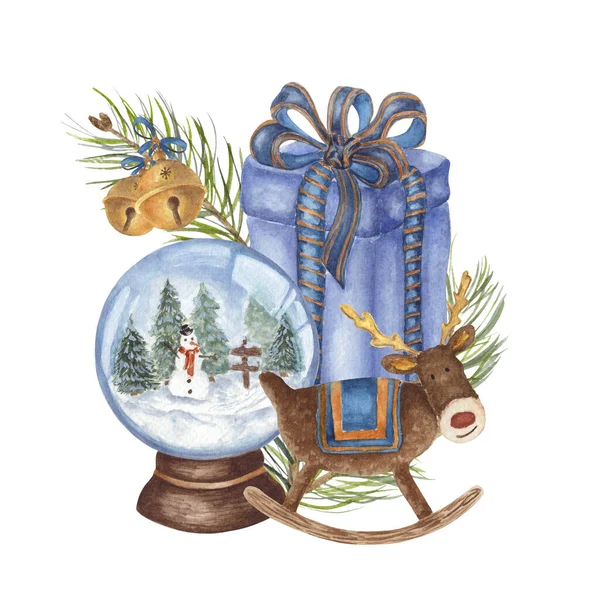 Schneekugel Schaukelhirsch Big Blue Present Und Jingle Bells Mit Tannenzweigen — Stockfoto