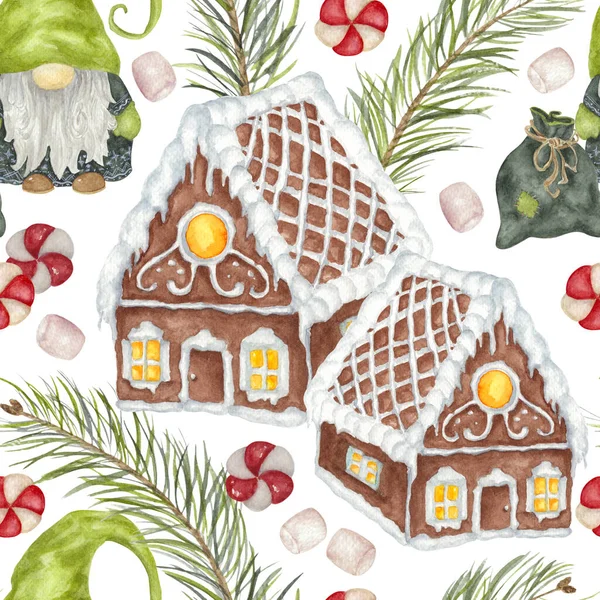 Gingerbread House and Green Christmas Elves in the Pines with Candies. Watercolor Holiday Pattern for wallpaper, banner, textile, postcard or wrapping paper