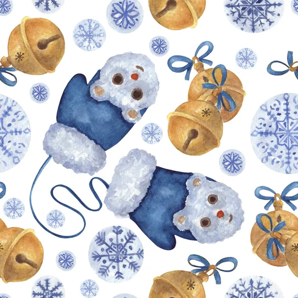 Winterpatroon Van Kinderwanten Met Harige Prikkels Glanzende Jingle Bells Sneeuwvlokken — Stockfoto