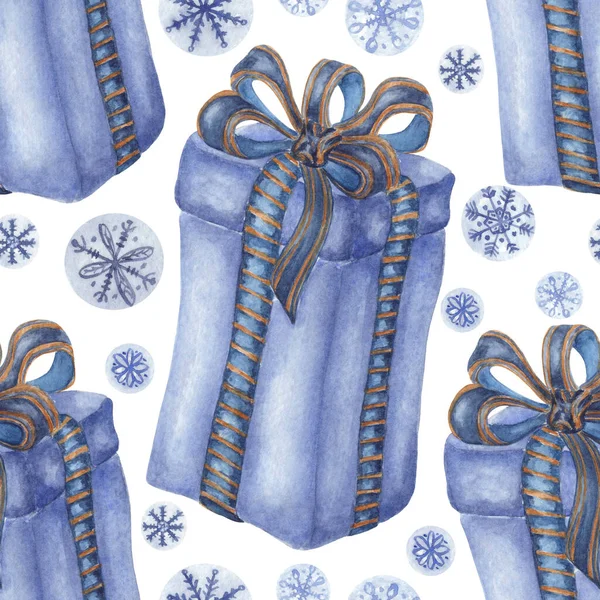 Scatola Regalo Blu Con Fiocco Nastro Circondato Fiocchi Neve Decorativi — Foto Stock