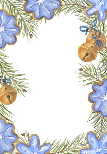 Weihnachtsgebäck Und Jingle Bells Mit Tannenzweigen Rechteckigen Rahmen Schöne Blaue — Stockfoto