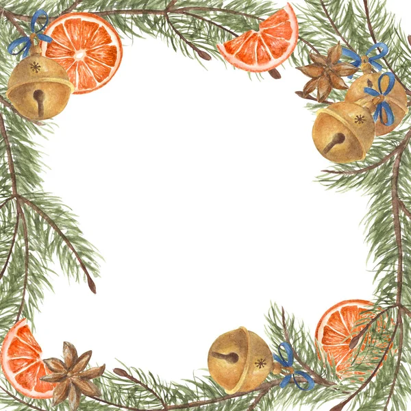 Getrocknete Orangen Weihnachtsgewürz Und Jingle Bells Mit Tannenzweigen Quadratisch Umrahmt — Stockfoto