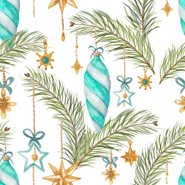 Turquoise and Gold Toys on Christmas Tree Branches Seamless Pattern. Winter Festive Watercolor Art  for wallpaper, banner, textile, postcard or wrapping paper