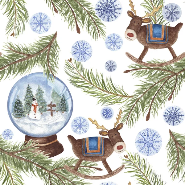 スノーグローブとファーブランチとロック鹿水彩シームレスパターン バナー テキスタイル ポストカードや包装紙のための伝統的なクリスマスのおもちゃアート ロイヤリティフリーのストック画像