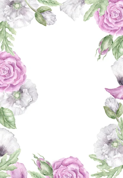 灰蒙蒙的紫色玫瑰 雪白的罂粟和树叶 布置在一个可爱的框架内 明信片及其他文具用品的浪漫花卉水彩画框 — 图库照片