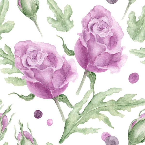 带有罂粟叶和二等兵柏立叶的灰紫色玫瑰和芽的无缝花纹图案 手绘植物学图解 带有弹簧画框 用于墙纸 纺织品 明信片或包装纸 — 图库照片