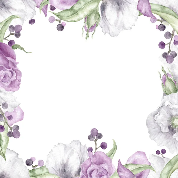 分门别类的白色罂粟花和灰紫色玫瑰与浆果和叶子排列在一个美丽的框架内 明信片及其他文具用品的浪漫花卉水彩画框 — 图库照片