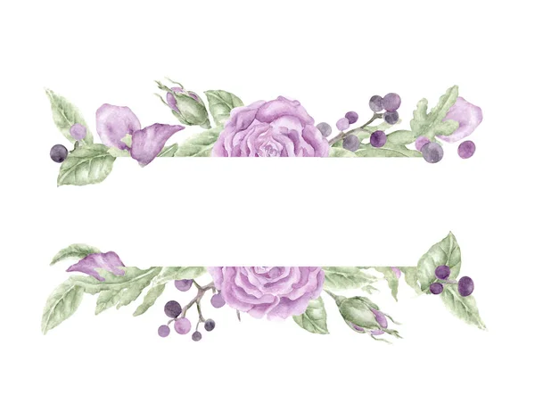 粉红的玫瑰与私密的浆果和树叶布置在一个可爱的框架 明信片及其他文具用品的浪漫花卉水彩画框 — 图库照片