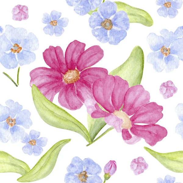 水彩画 的花朵和叶子都带有 忘记我 的无缝图案 用于墙纸 纺织品 明信片或包装纸 — 图库照片