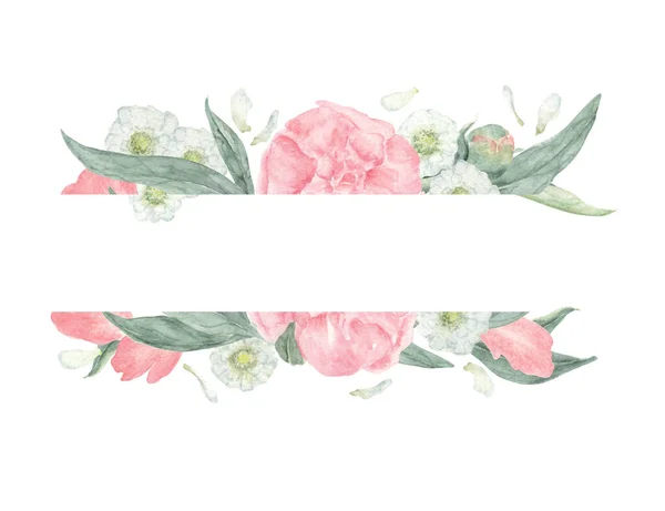 粉红牡丹和白箭切割框架 明信片及其他文具用品的浪漫花卉水彩画框 — 图库照片