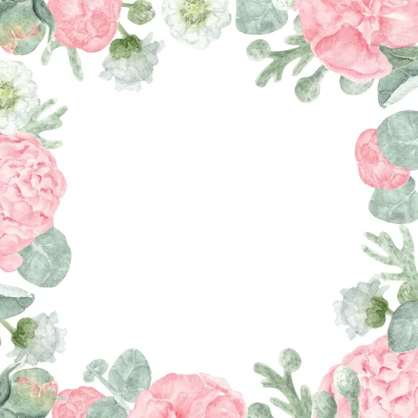 粉红与白花广场相框 和Yarrow在一起的牡丹邀请 明信片及其他文具用品的浪漫花卉水彩画框 — 图库照片