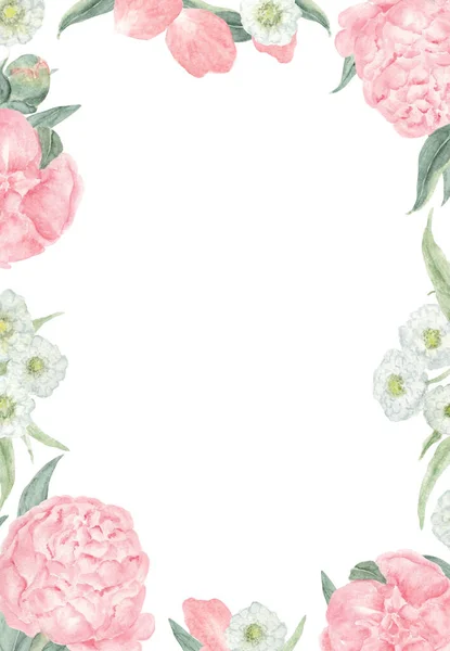 ピンクと白の花の長方形のフレーム 白矢でピンクの牡丹 招待状 ポストカードや他の文房具のためのロマンチックな花の水彩フレーム — ストック写真