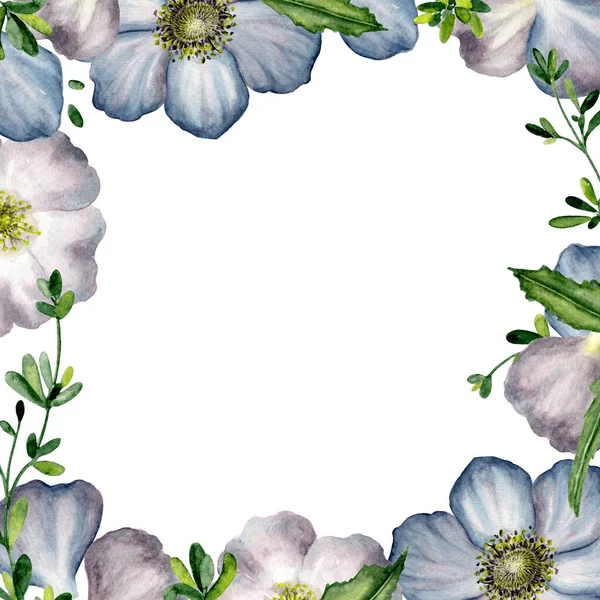 紫罗兰和紫色蓝花正方形框架 狗玫瑰和Thyme邀请 明信片及其他文具用品的浪漫花卉水彩画框 — 图库照片
