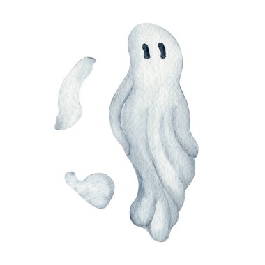 Şirin Gri Hayalet. Sulu suluboya lekeli dans eden bir hayaletin cadılar bayramı çizimi. Duvar kağıdı, afiş, tekstil, kartpostal veya ambalaj kağıdı için kullan
